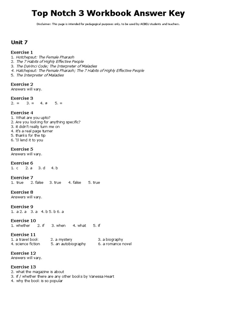 Top Notch 3 Workbook Answer Key Unit 7 PDF
