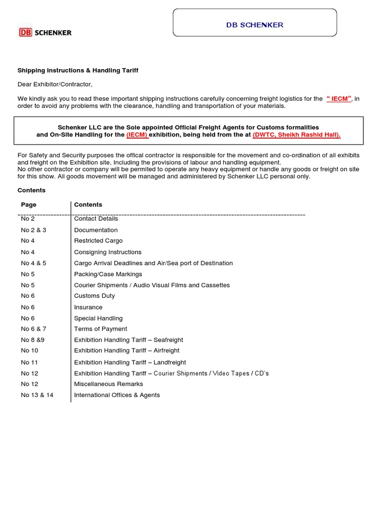 IECM Shipping Instructions by Schenker | PDF | Cargo | Customs