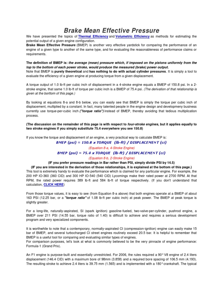 Brake Mean Effective Pressure PDF Horsepower Power (Physics)