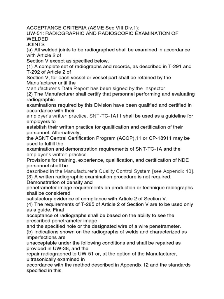 Acceptance CriteriaAsme Section 5 Nondestructive Testing Welding