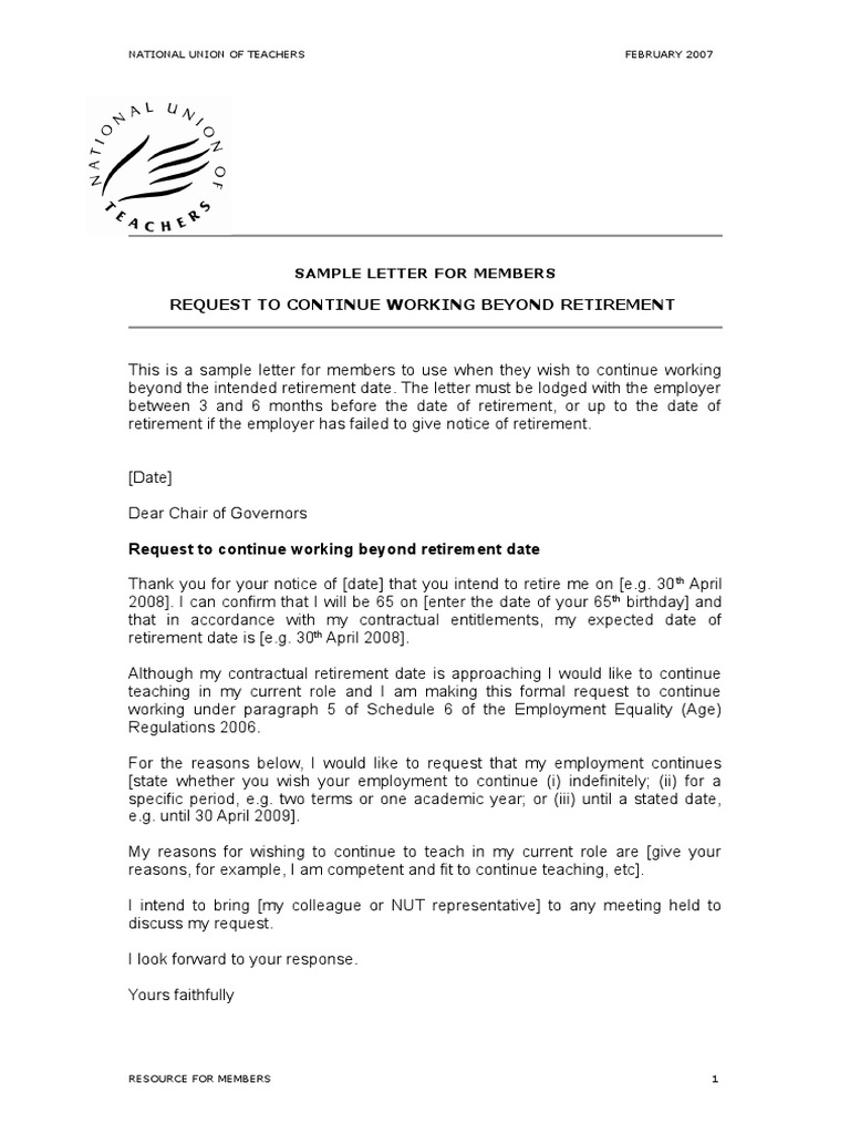 Request To Continue Working Beyond Retirement Sample Letter For