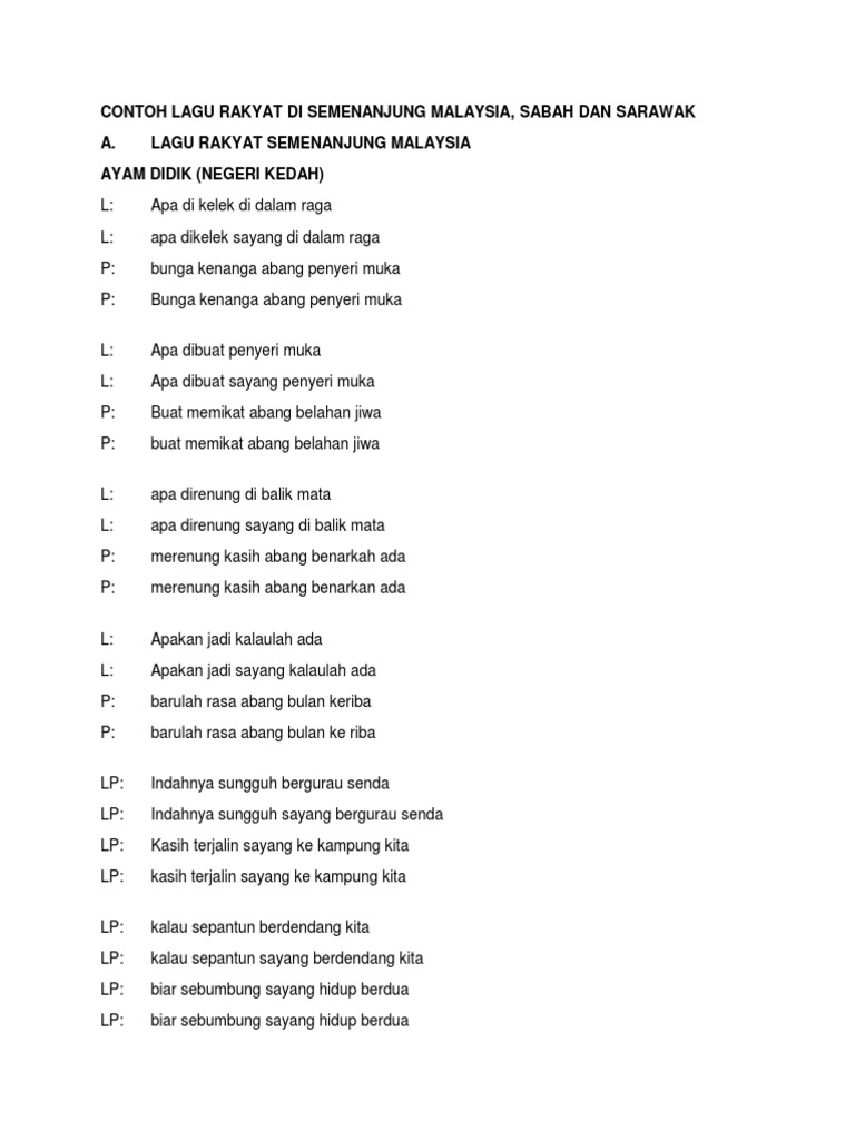 Contoh Lagu Rakyat Di Semenanjung Malaysia Sabah Dan Sarawak Pdf