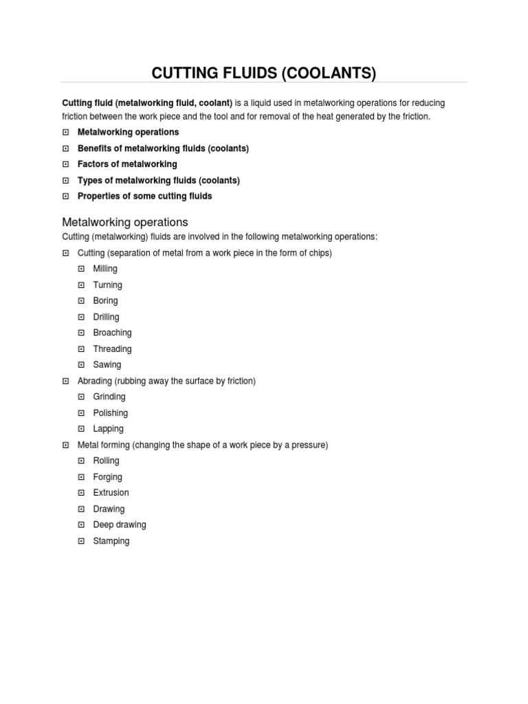 Cutting Fluids Coolants PDF Metalworking Emulsion