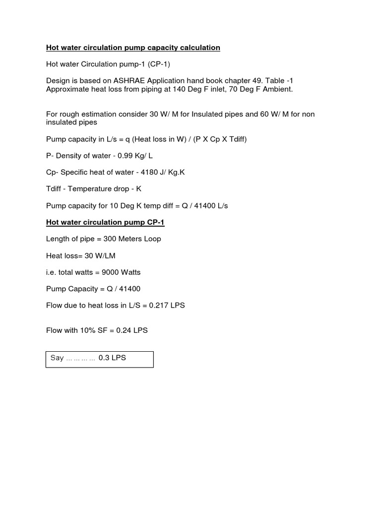 Hot Water Circulation Pump Capacity Calculation PDF