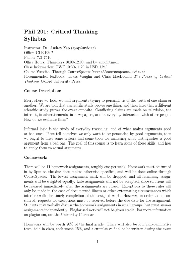 Phil 201: Critical Thinking Syllabus | PDF | Argument | Homework