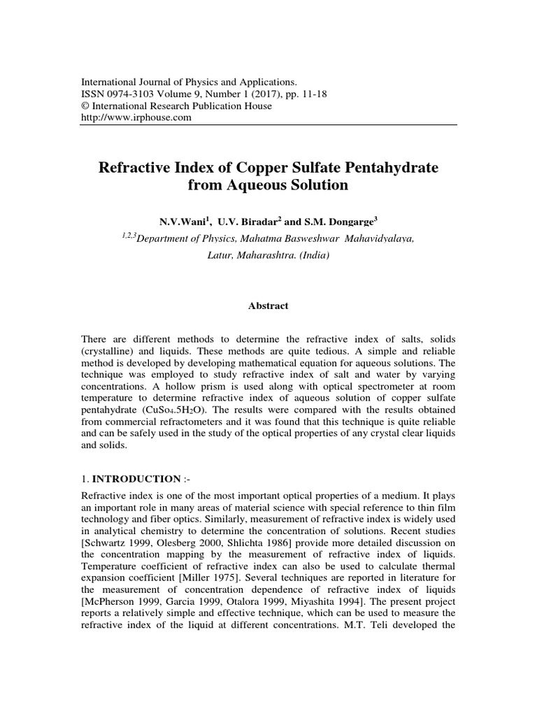 Refractive Index of Copper Sulfate Pentahydrate From Aqueous Solution