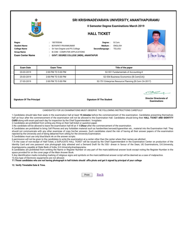Pavan 2nd semester hall ticket pdf test examination