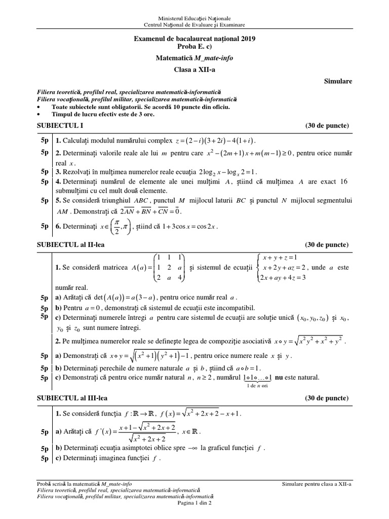 Subiecte Mate 12 | PDF