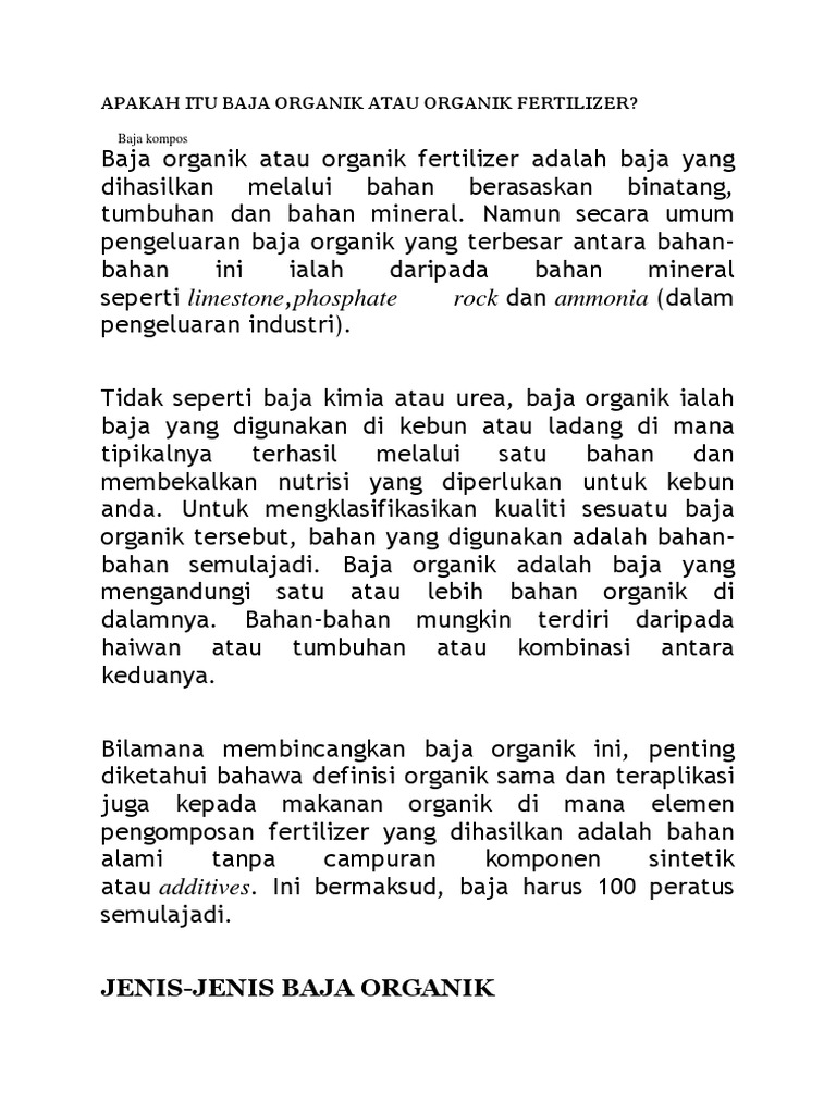 Apakah Itu Baja Organik Atau Organik Fertilizer Internet Pdf