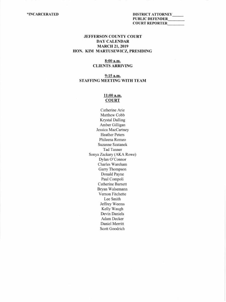 Jefferson County Court calendar March 21, 2019