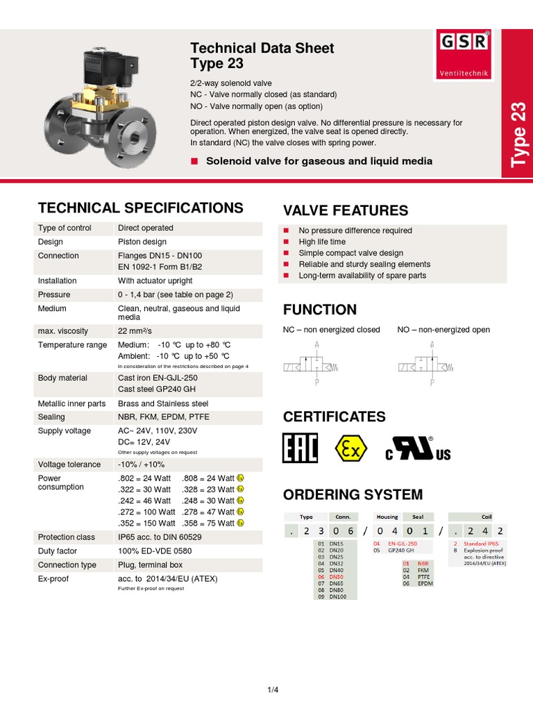 GSR Type 23 Solenoid Valve Datasheet | PDF | Valve | Temperature