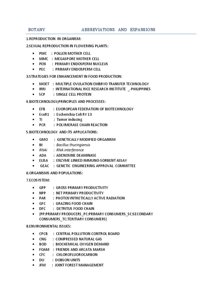 Xii Botany Abbreviations Hsslive PDF