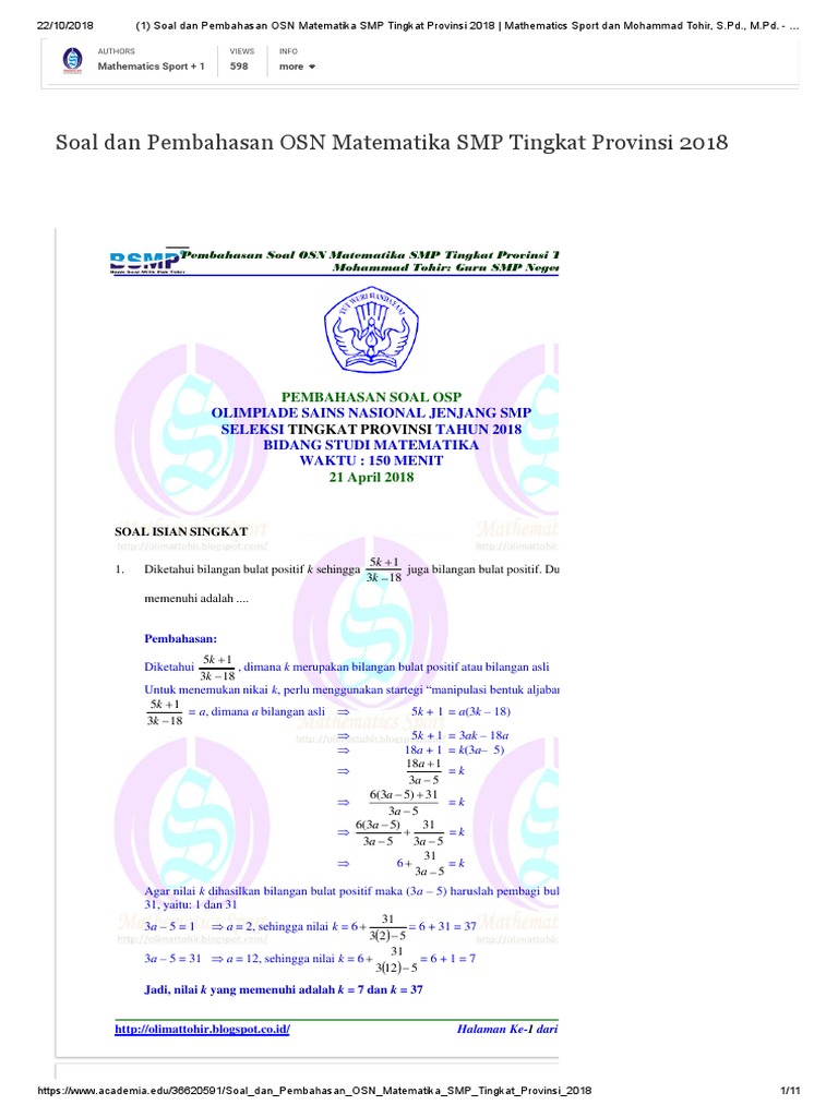 1 Soal Dan Pembahasan Osn Matematika Smp Tingkat Provinsi 2018