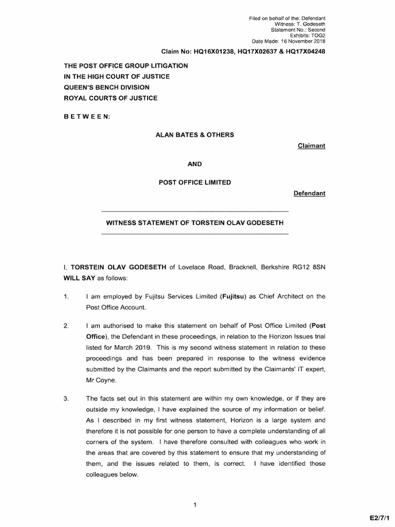 Post Office Litigation: Godeseth Witness Statement | PDF | Receipt ...
