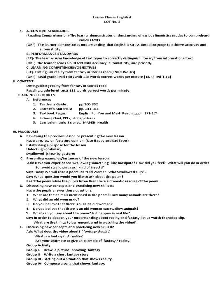Lesson Plan in English 4 For COT No 3 | PDF | Lesson Plan | English ... image.