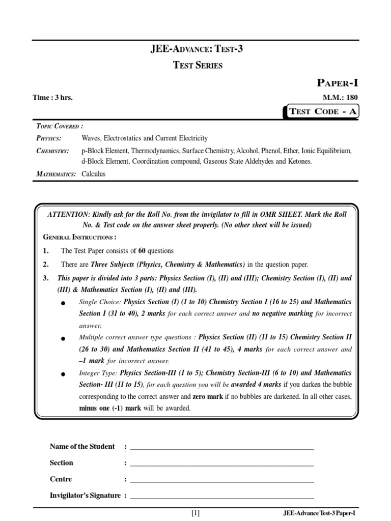 JEE Advance Test 3 Paper I Overview | PDF | Capacitor | Sound