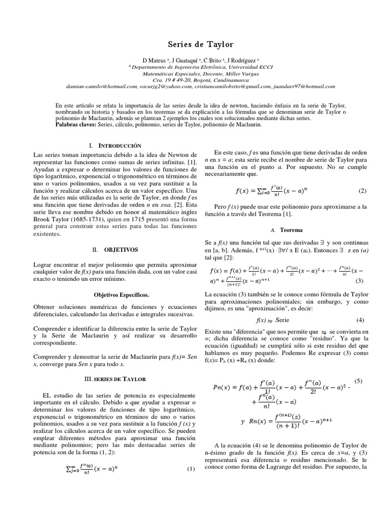 Articulo Series De Taylor Pdf Ecuaciones Derivado