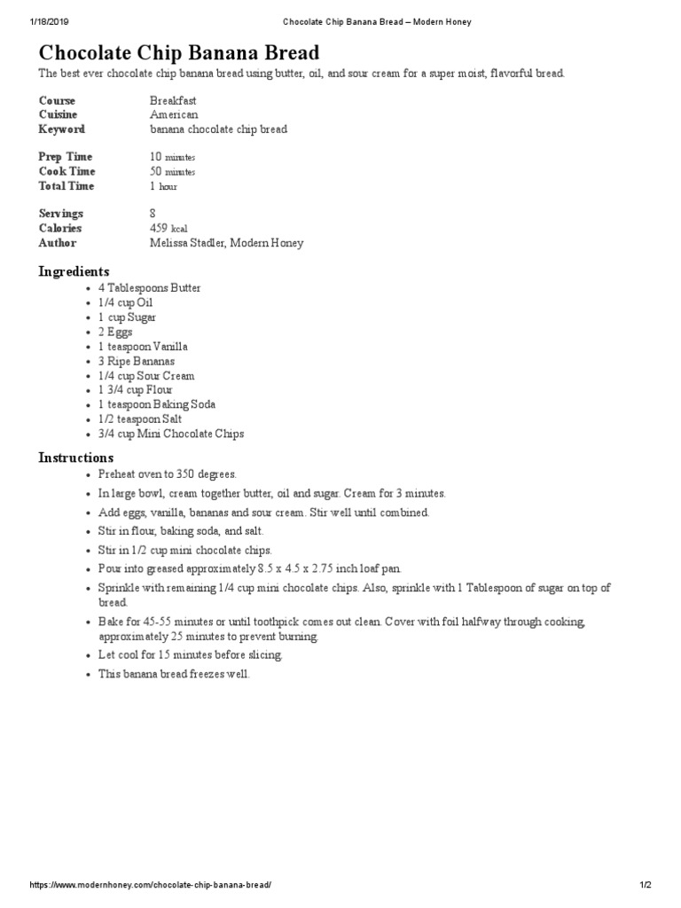 Chocolate Chip Banana Bread Modern Honey PDF Breads Chocolate