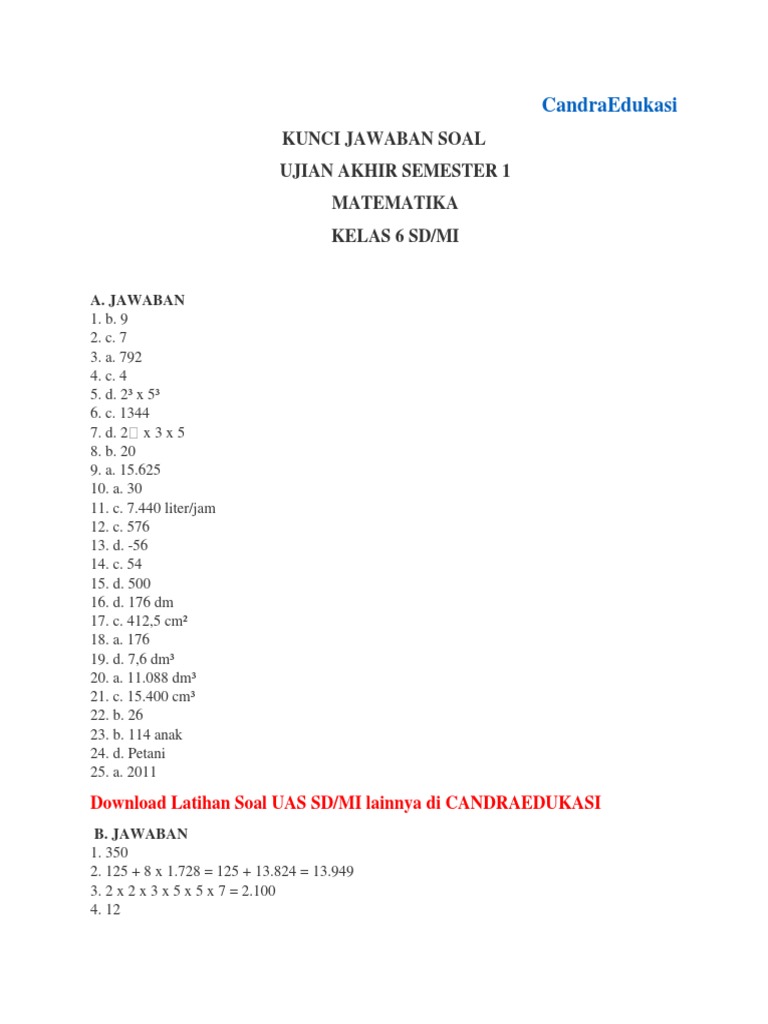 Kunci Jawaban Soal Uas Mtk Kls 6 Smt1 Candraedukasi Blogspot Com