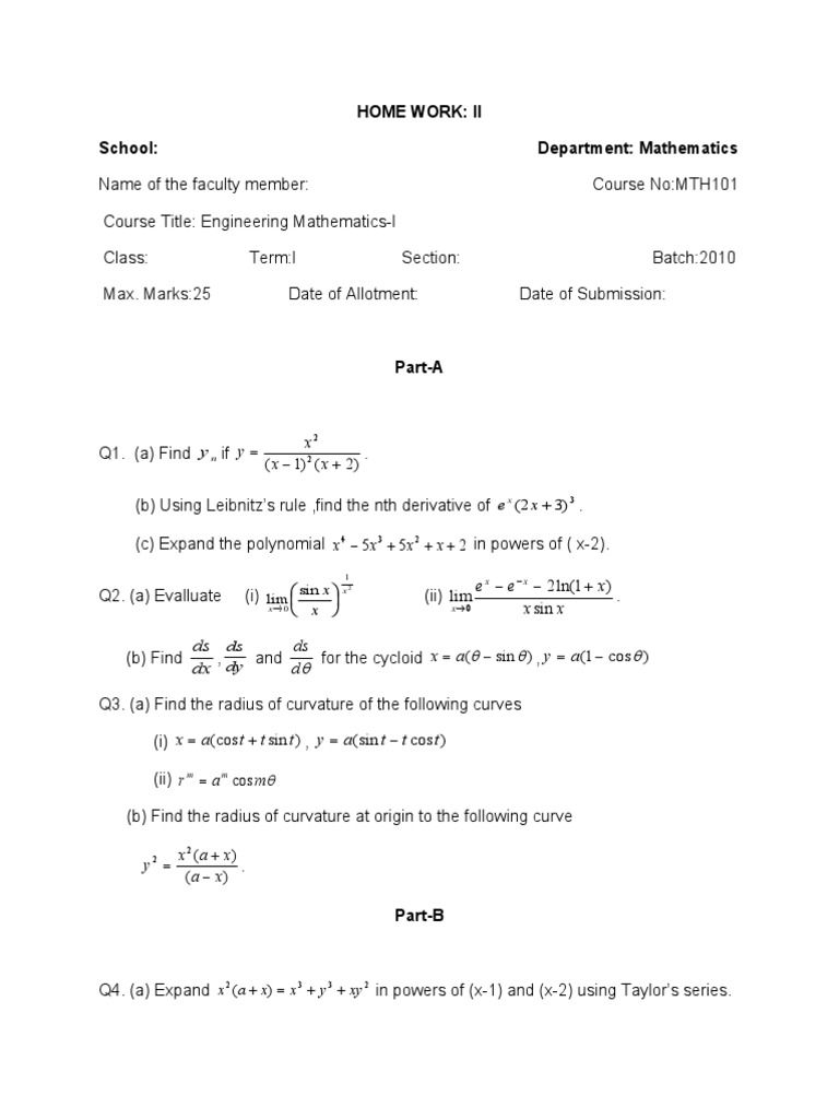 Engineering Mathematics-I Homework Tasks | PDF | Maxima And Minima ...
