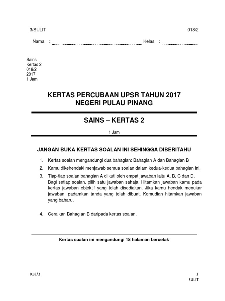 Contoh Muka Depan Kertas Bahasa Melayu Upsr