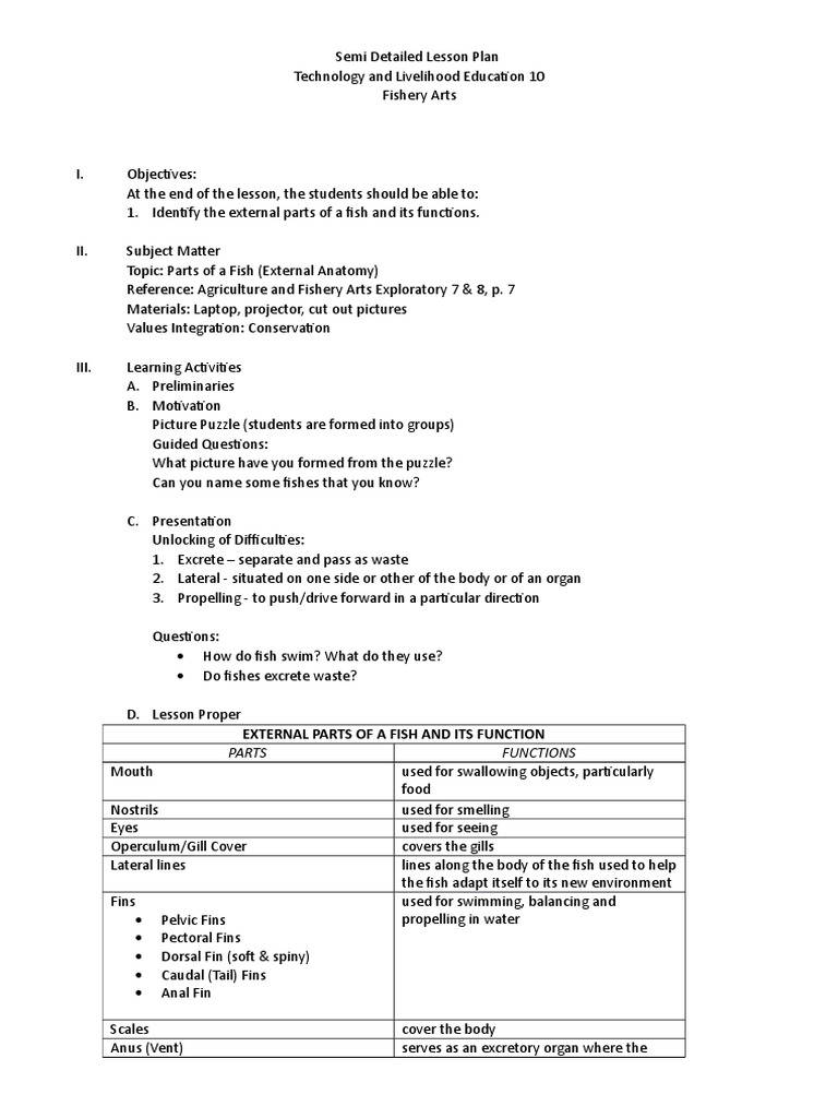 Semi Detailed Lesson Plan | Download Free PDF | Fish | Aquatic Vertebrates