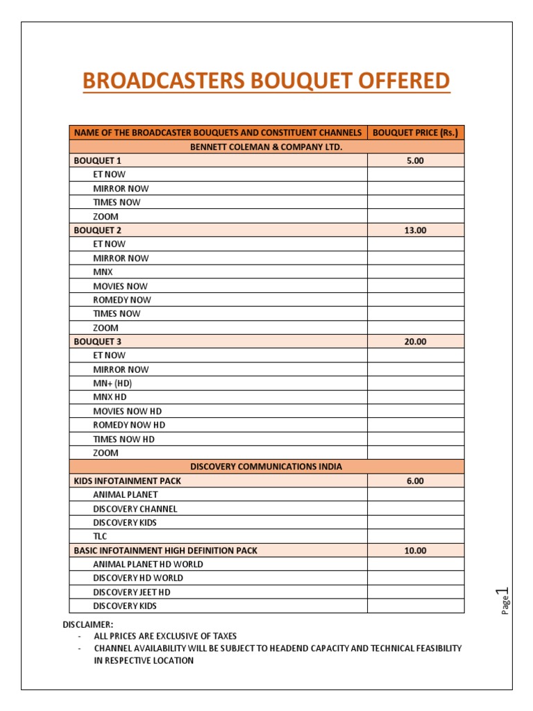 Channel Bouquet Offerings from Major Broadcasters in India Prices and