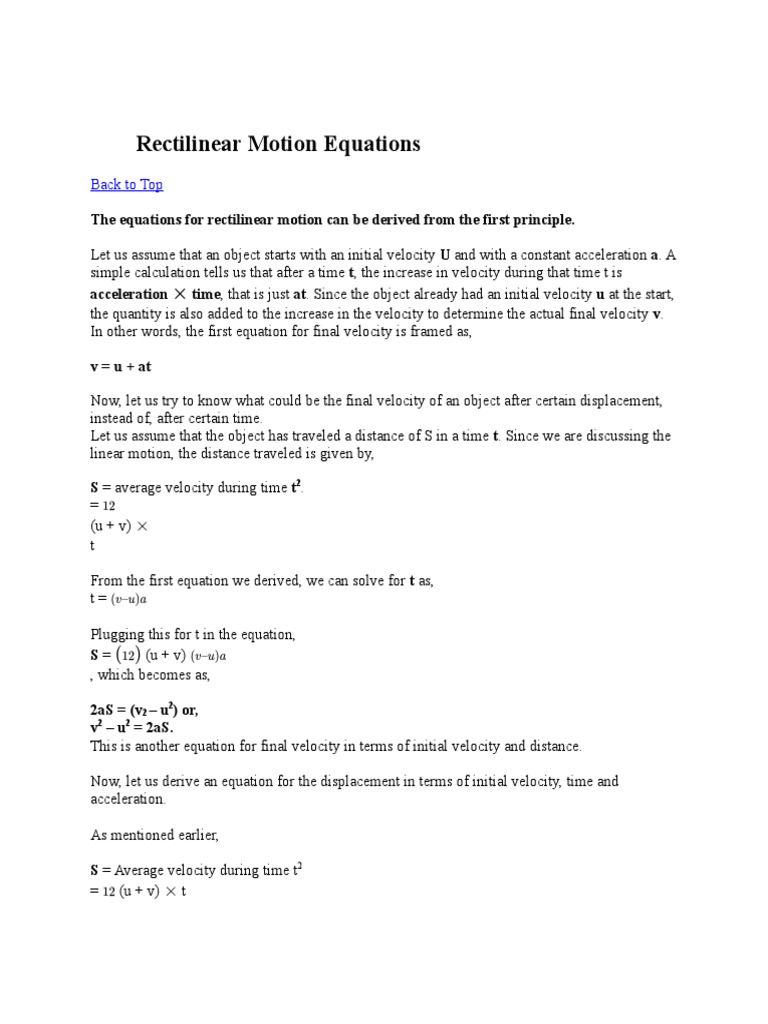 Rectilinear Motion Equations | PDF | Velocity | Spacetime