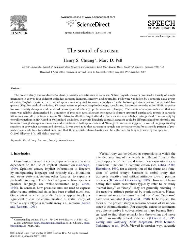 Acoustic Cues of Sarcasm in Speech | PDF | Irony | Analysis Of Variance