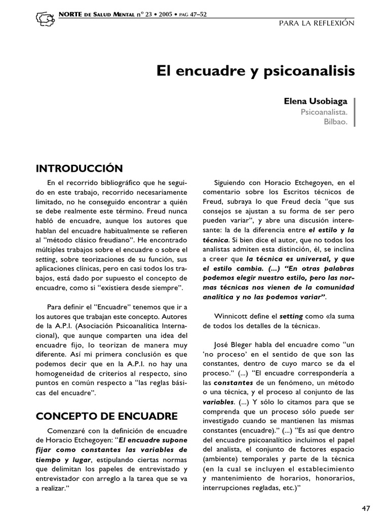 047 El Encuadre y Psicoanalisis PDF | PDF | Psicoanálisis | Sigmund Freud