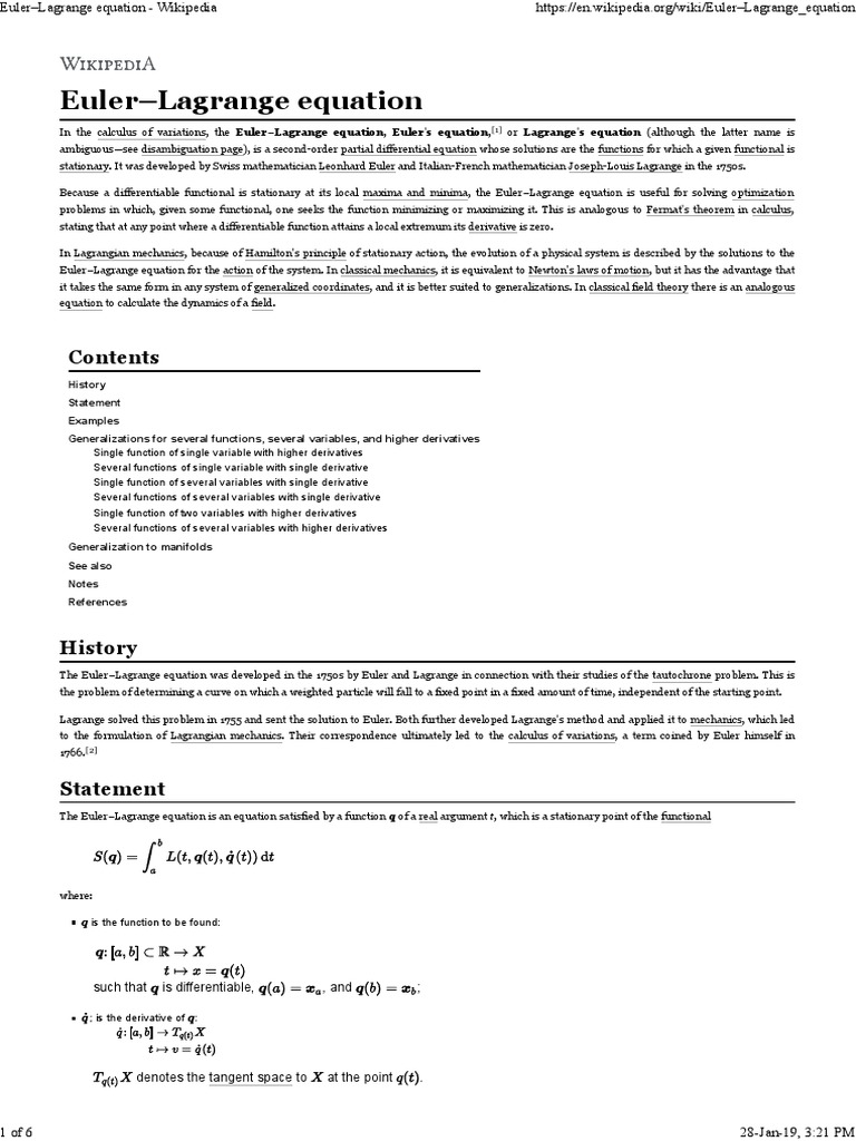 Euler Lagrange Equations PDF EulerLagrange Equation Lagrangian