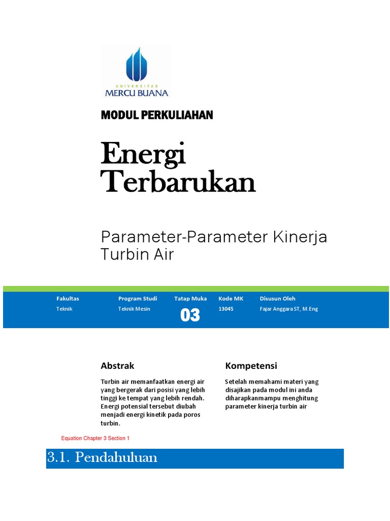 Modul 03 Parameter-Parameter Kinerja Turbin Air | PDF