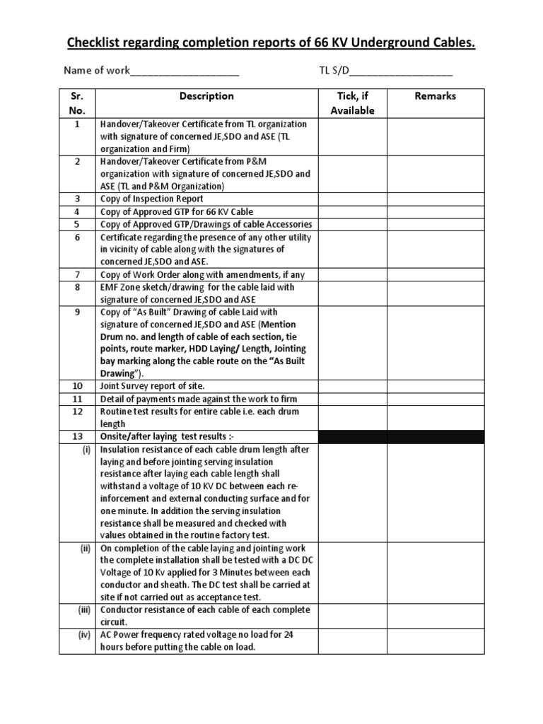 66 KV Underground Cable Completion Checklist | PDF | Electrical ...