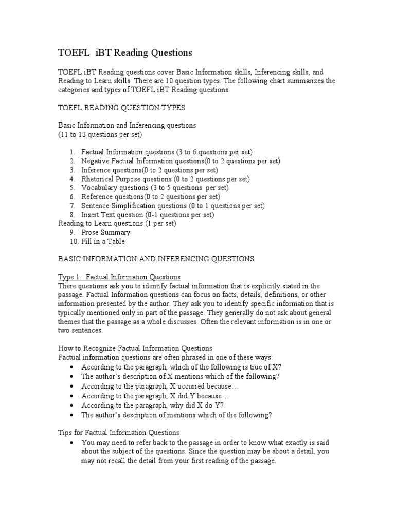 TOEFL iBT Reading Question Types | PDF | Question | Rhetoric