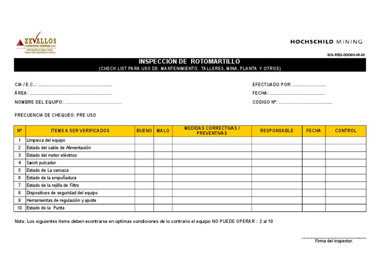 Check List De Inspeccion De Rotomartillo PDF Ingenieria El ctrica 