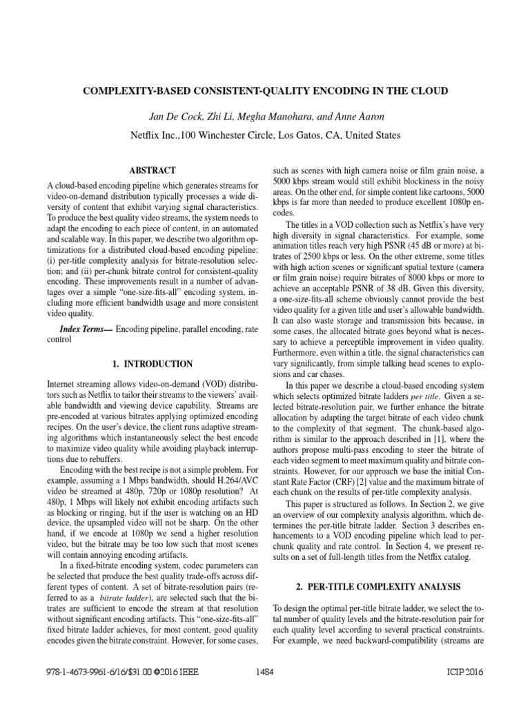 ComplexityBased ConsistentQuality Encoding in The Cloud PDF Bit