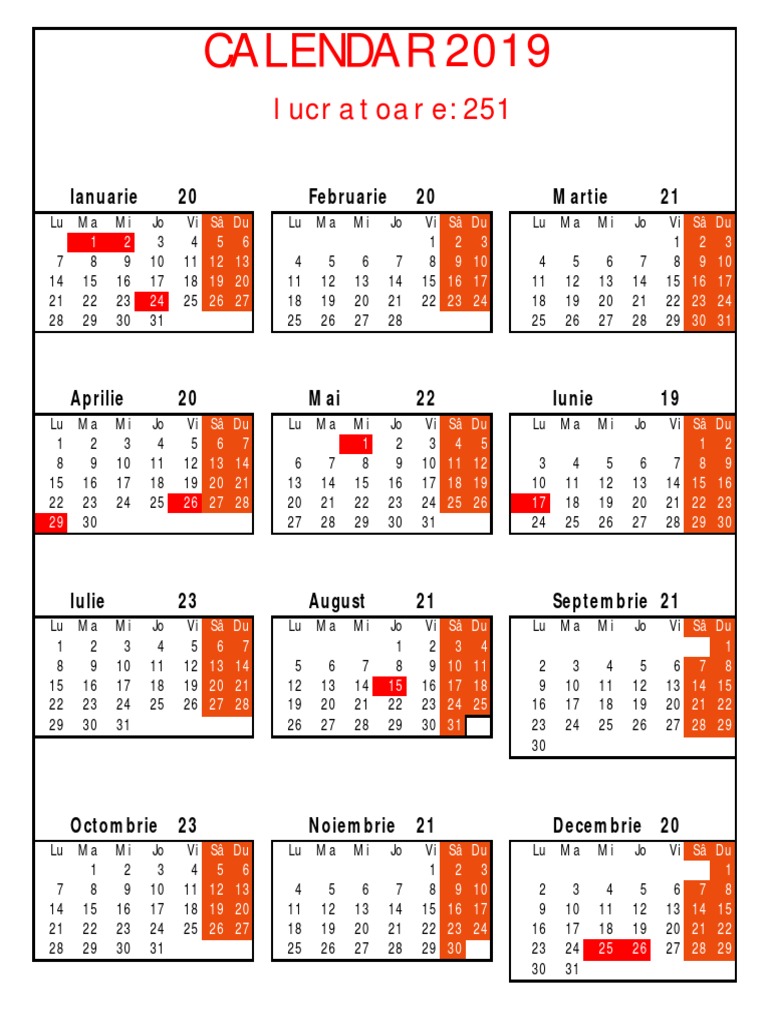 Calendar Zile Lucratoare 2019