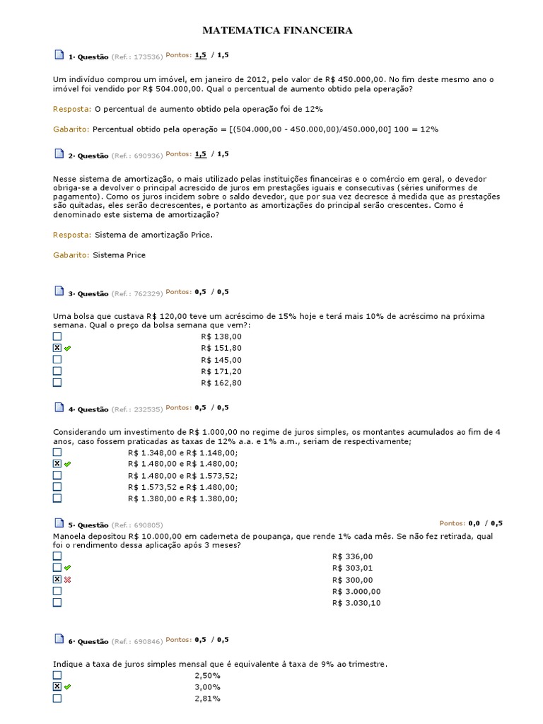 Questões de Matemática Financeira e Amortização | PDF | Juros | Valor ...