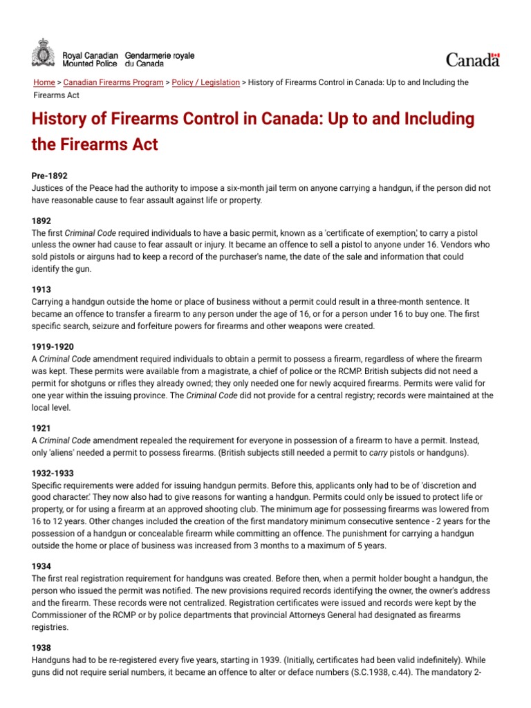 History of Firearms Control in Canada Up To and Including The Firearms Act Royal Canadian
