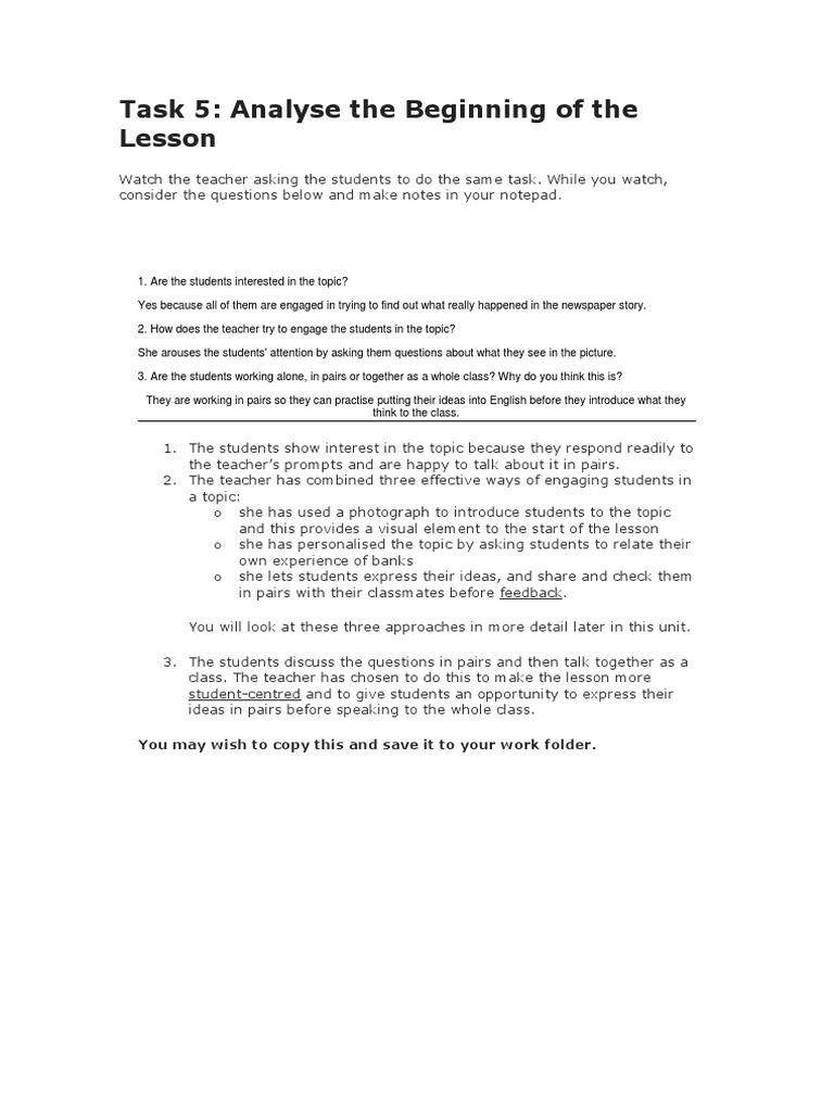 Task 5: Analyse The Beginning of The Lesson: You May Wish To Copy This ...