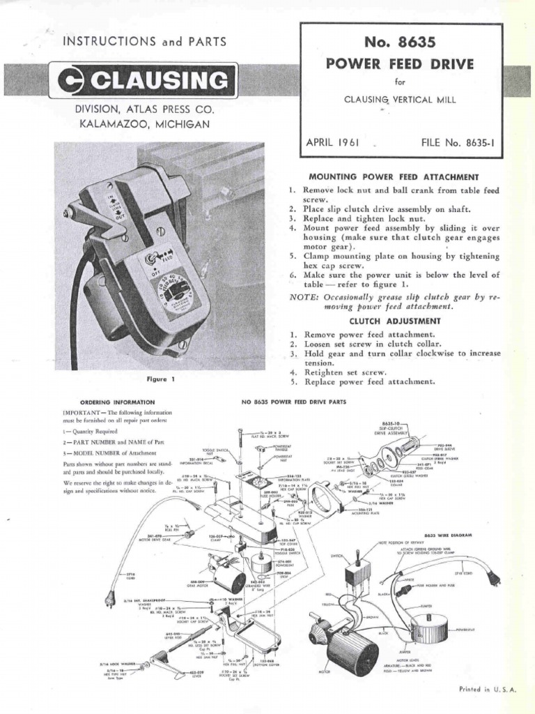 Clausing 8635 Power Feed Manual PDF | PDF