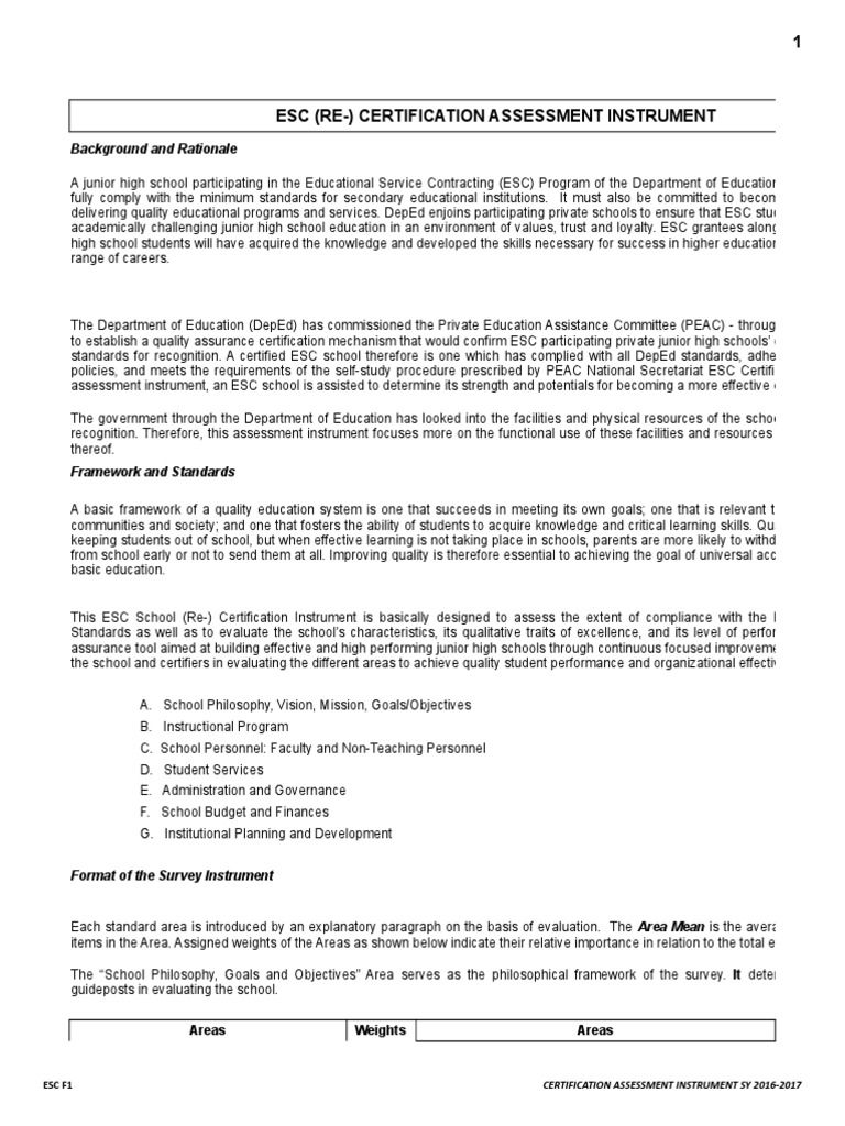 ESC School Certification Guide | PDF | Educational Assessment | Goal
