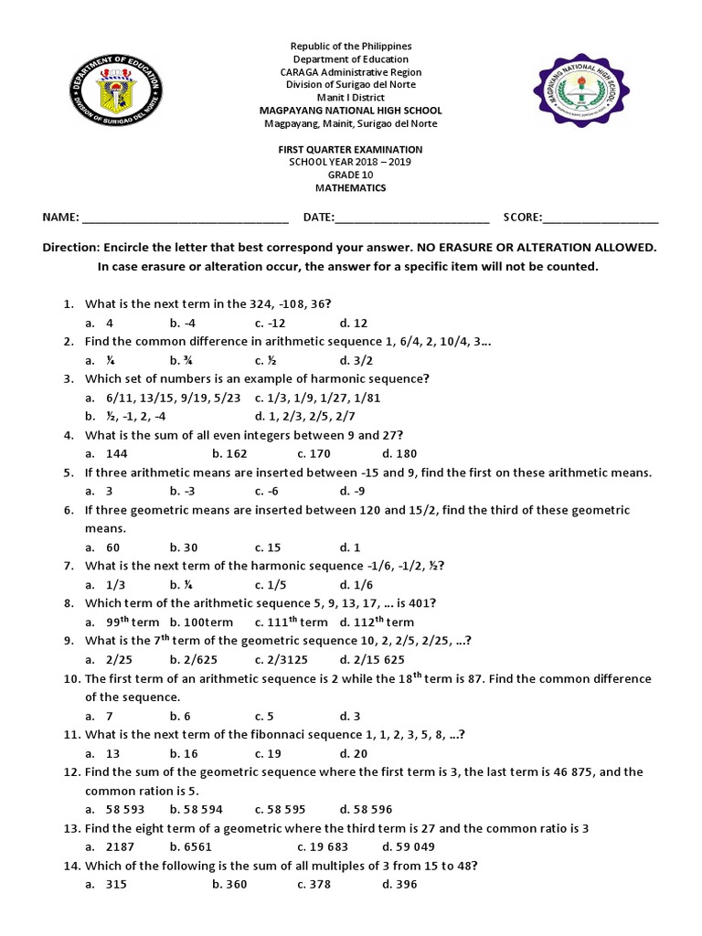 Questionaire Mathe 10 - MagNHS | PDF | Circle | Factorization