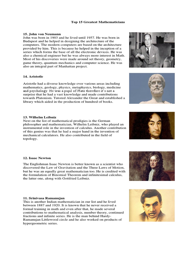 Top 15 Greatest Mathematicians | PDF | Numbers | Teaching Mathematics