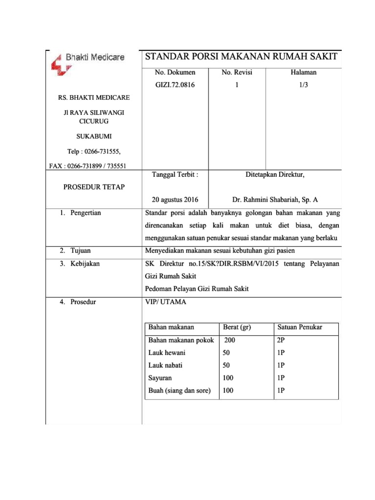 Standar Porsi Makanan RS Bhakti Medicare | PDF