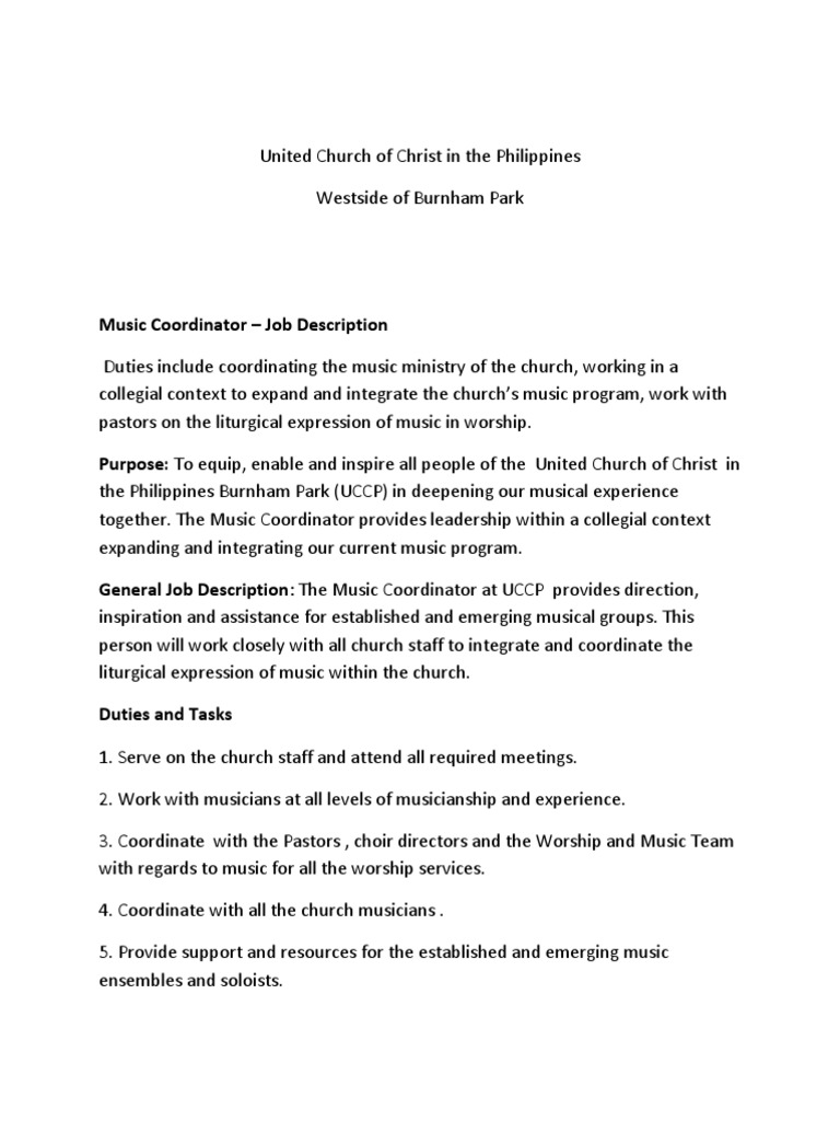 Music Coordinator Job Description PDF Liturgy Religious Education