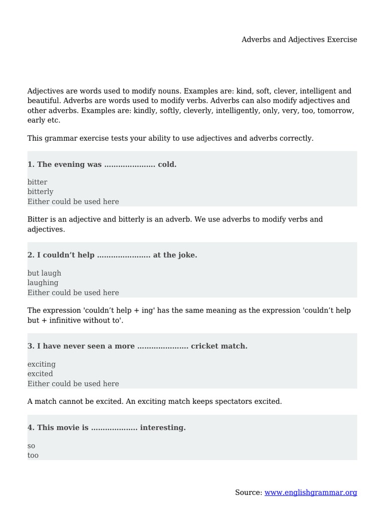 Adverbs and Adjectives Exercise PDF | PDF | Adverb | Adjective