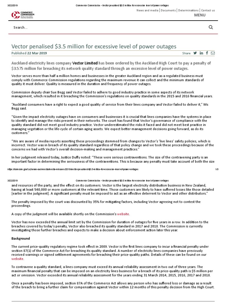 Commerce Commission - Vector Penalised $3.5 Million For Excessive Level ...