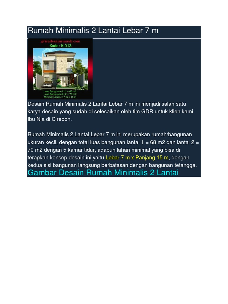 Rumah Minimalis 2 Lantai Lebar 7 M Rumah Minimalis 2 Lantai Lebar 7 M
