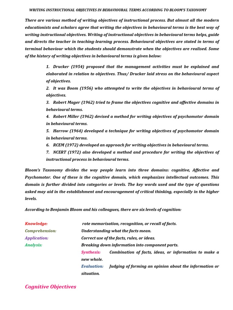 Writing Instructional Objectives in Behavioural Terms According To ...
